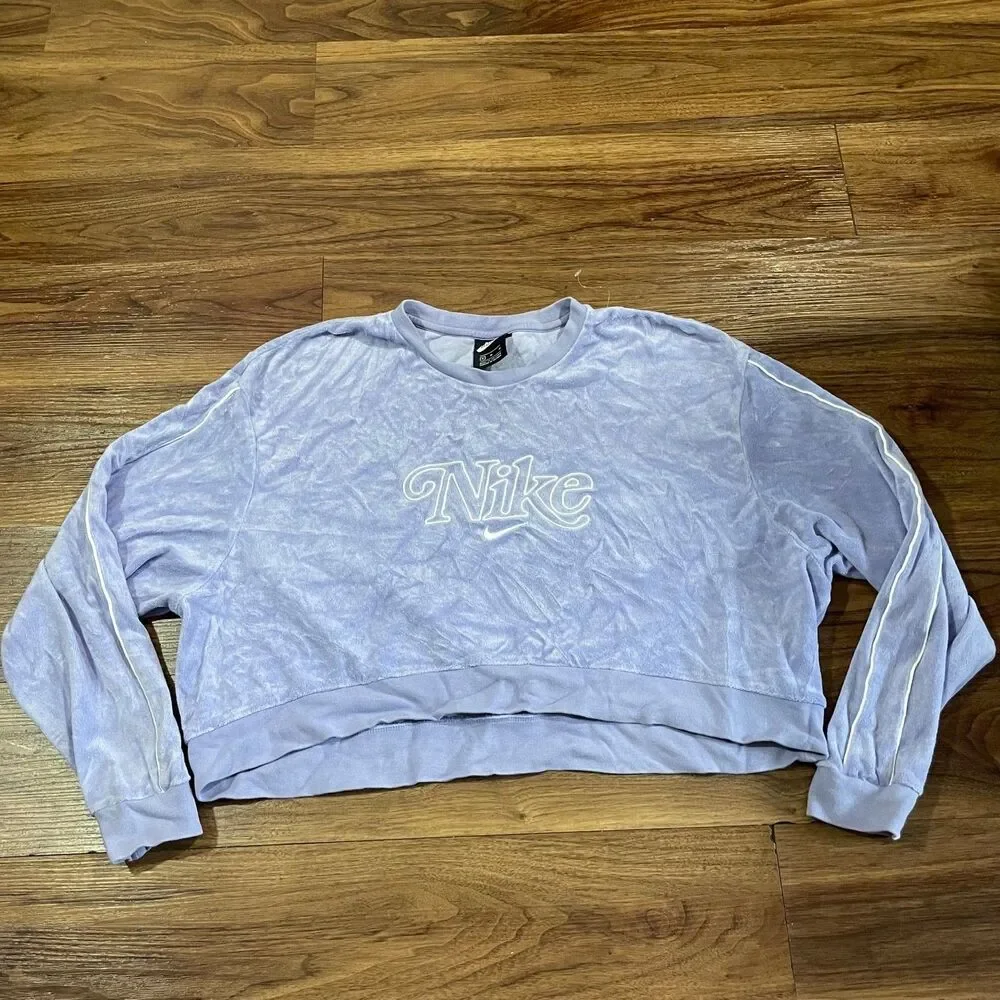 Nike Velour Cropped Sweatshirt Long Sleeve Purple Sweater Womens Size Medium